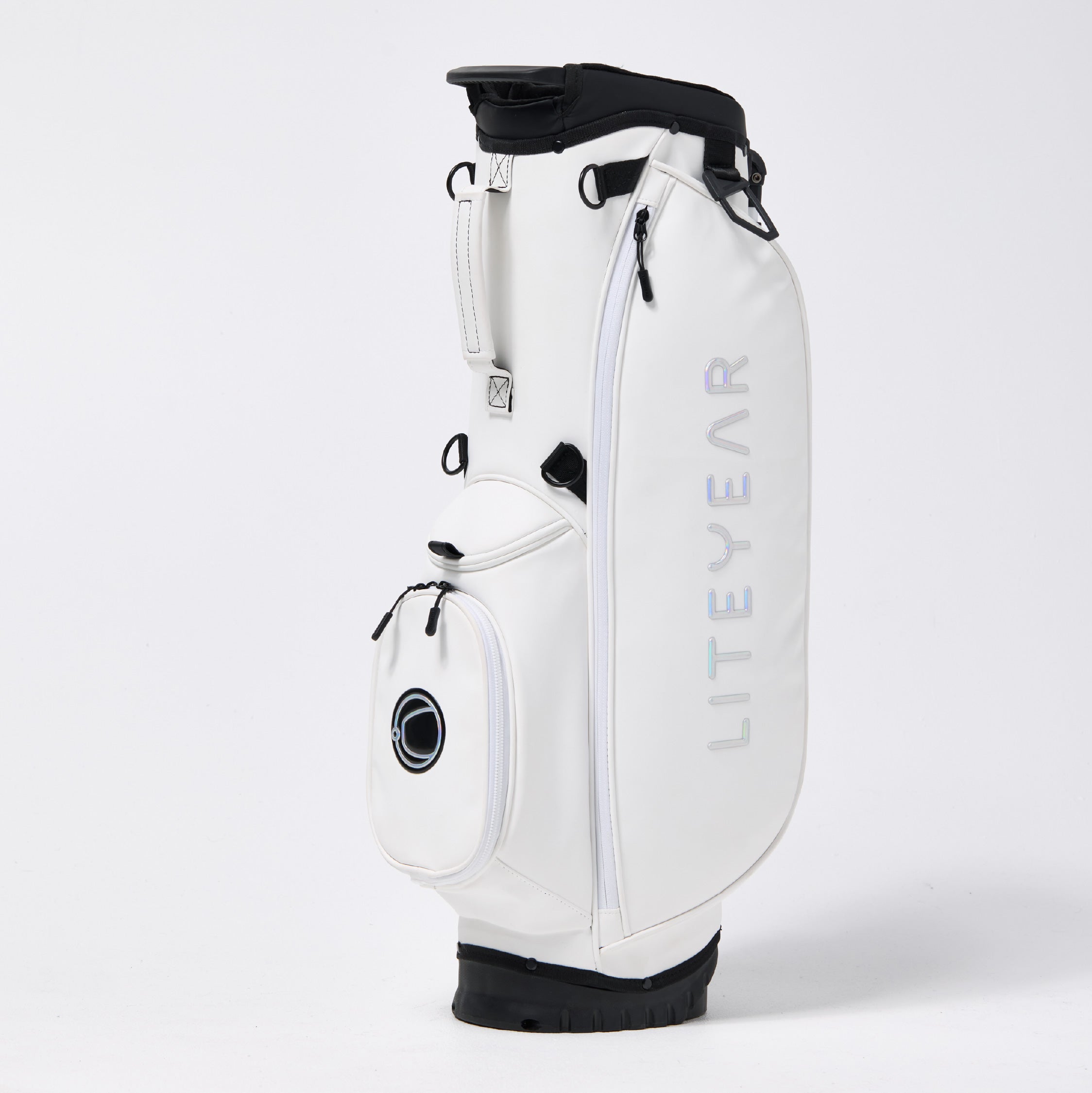 White golf bag with black accents on a light gray background