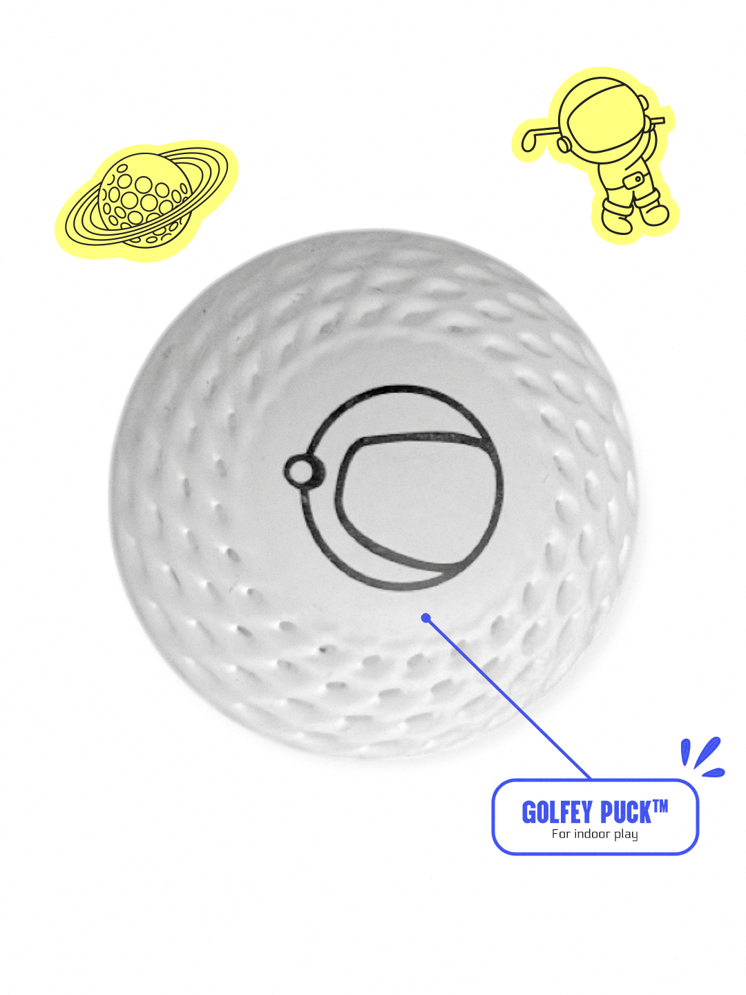 Golfey Puck with illustrations of a planet and a space suit on a white background