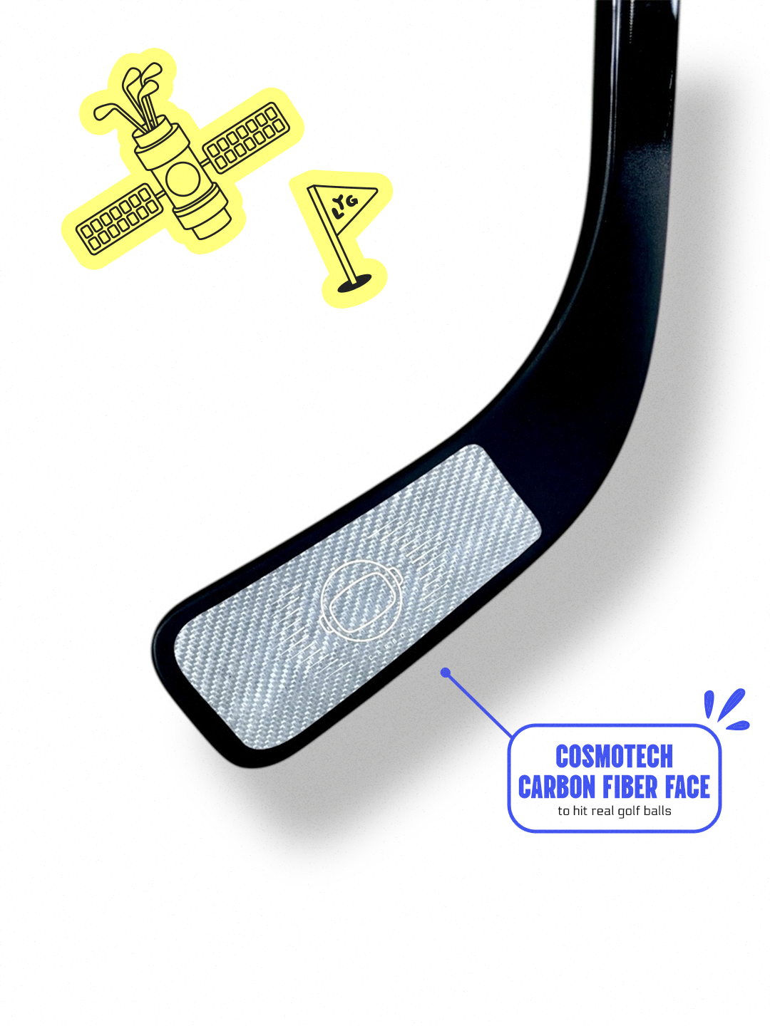 Golfey stick head with carbon fiber face and COSMOTECH branding on a white background