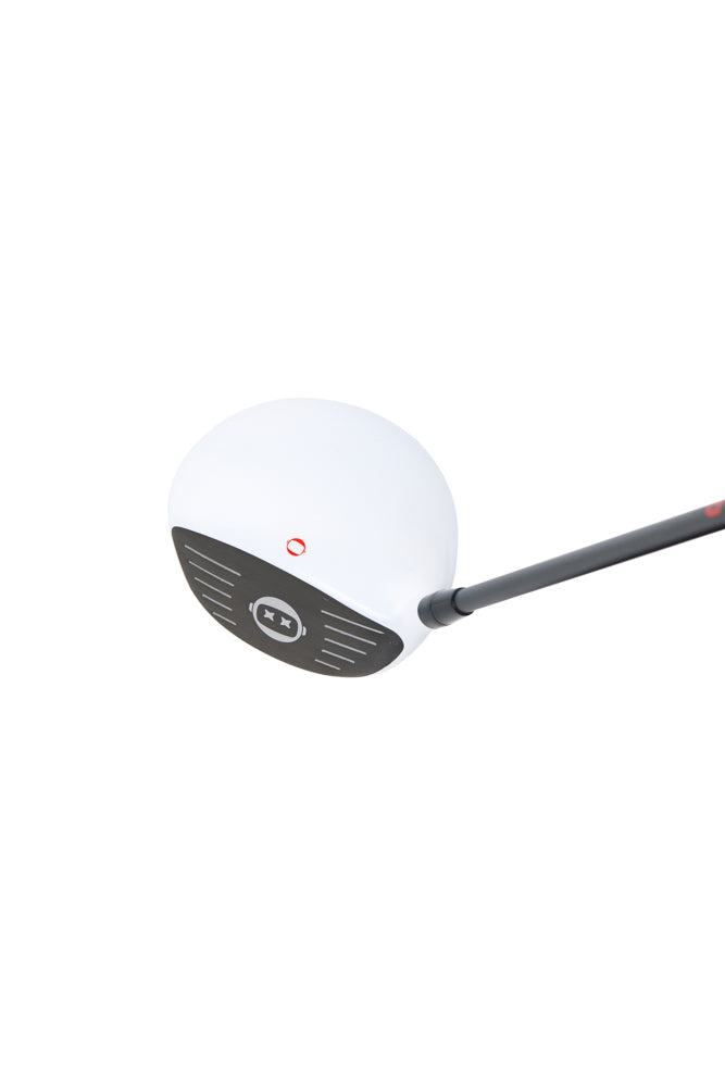Golf club head with white face and black sole on a white background