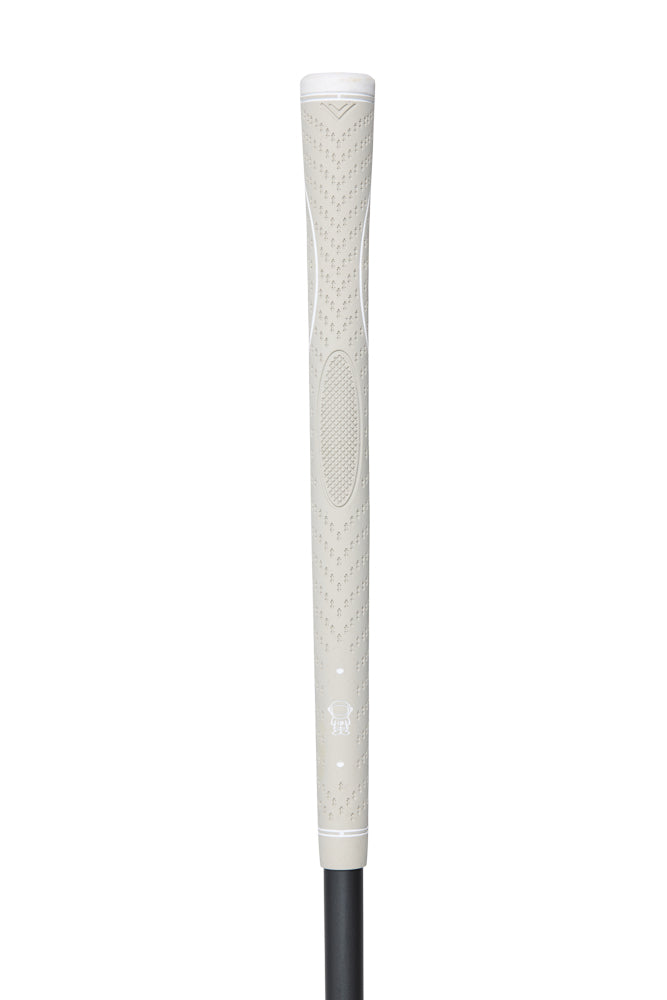 Golf club grip with textured white surface on a white background