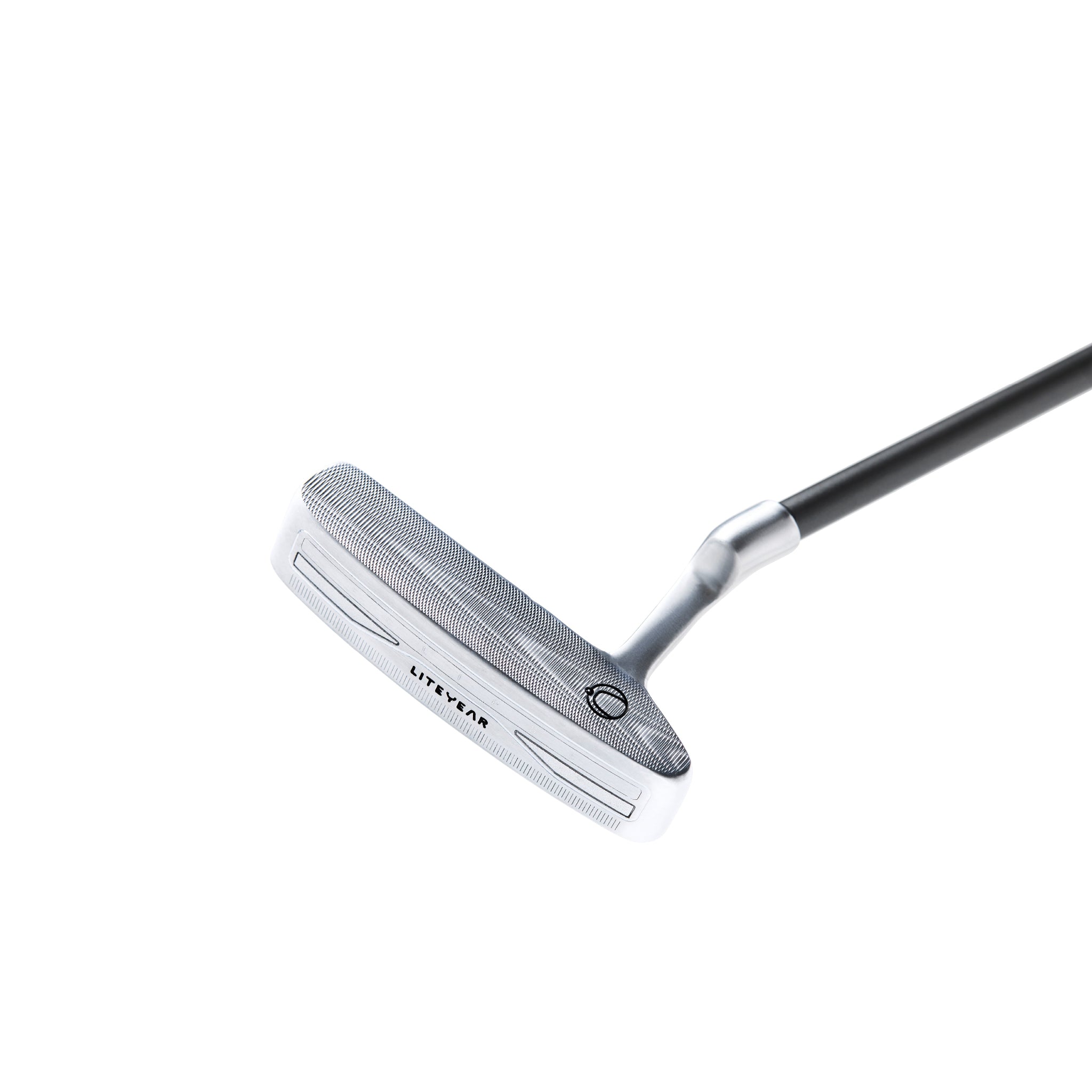 Golf putter with a black shaft on a white background