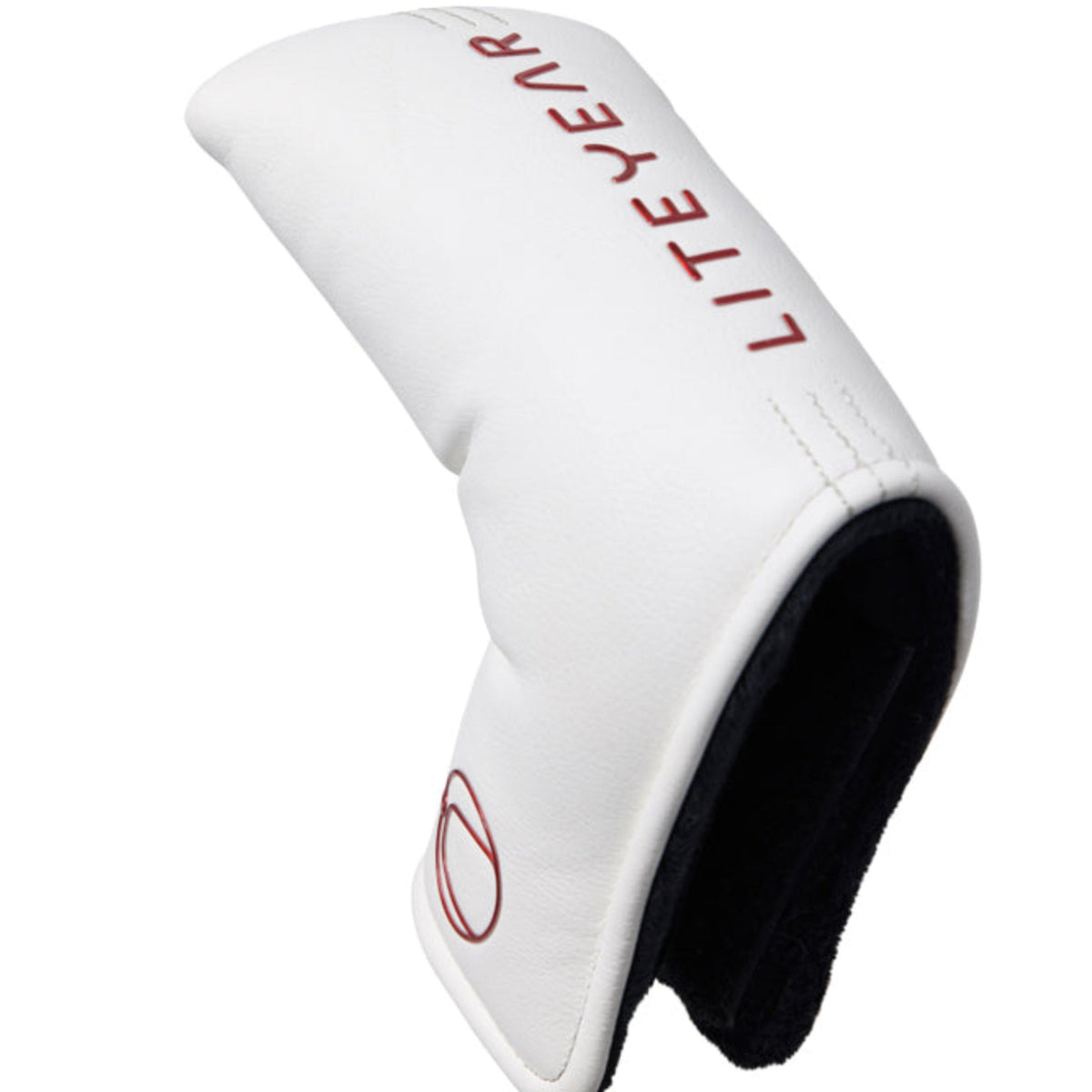 White golf club head cover with red text on a white background
