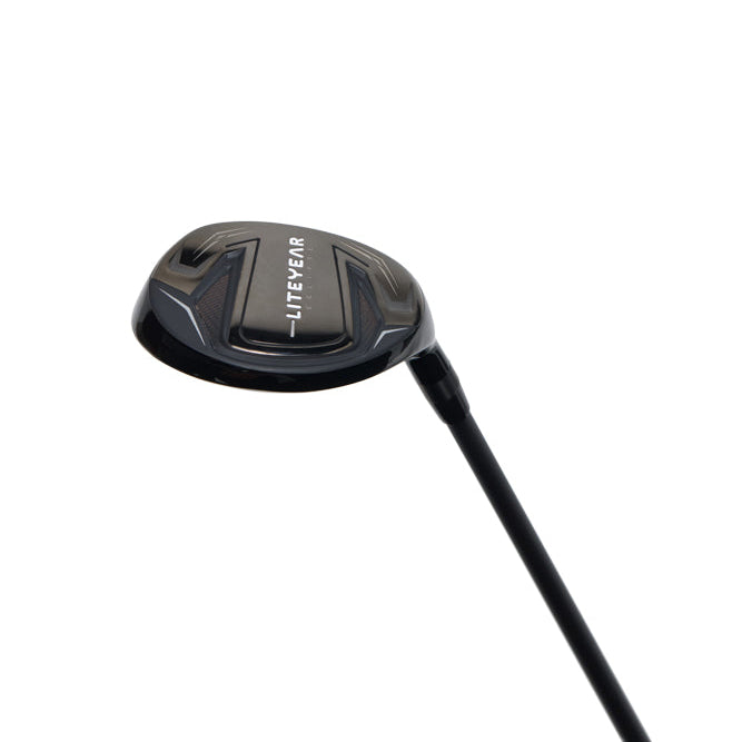 Black golf club head on a white background