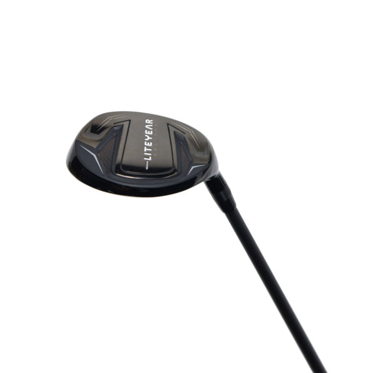 Black golf club head on a white background
