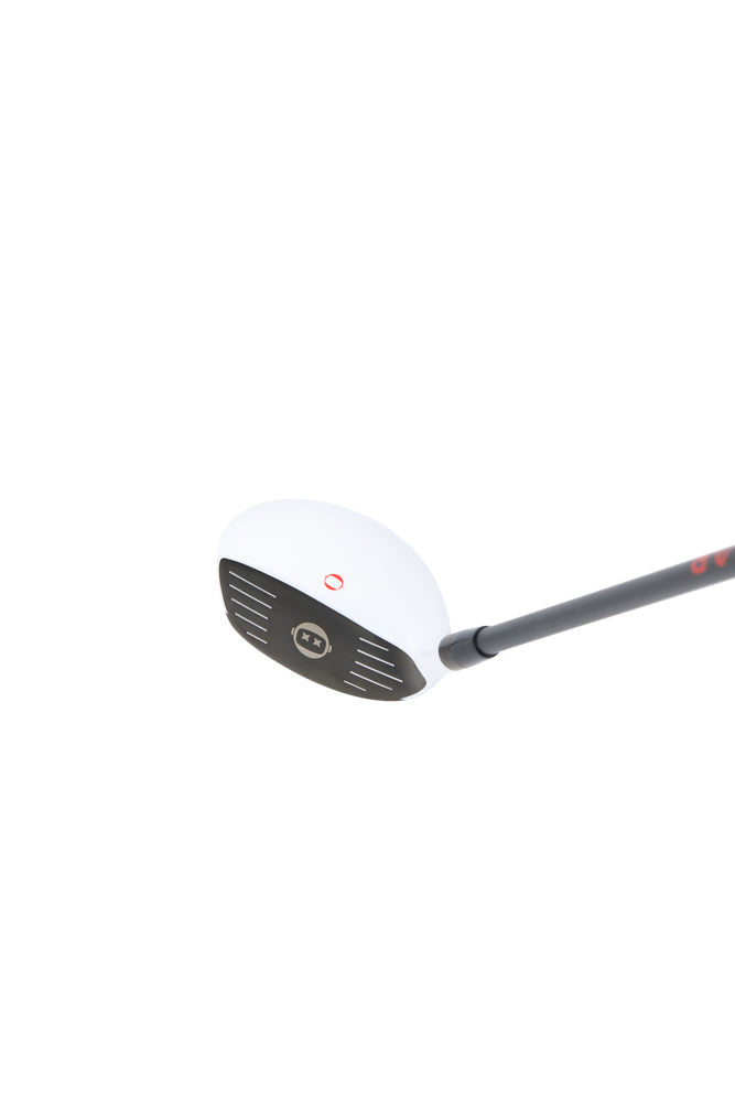 Golf club head with a white face and black shaft on a white background