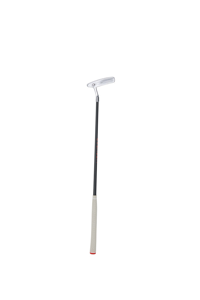 Golf putter with white head and black shaft on a white background