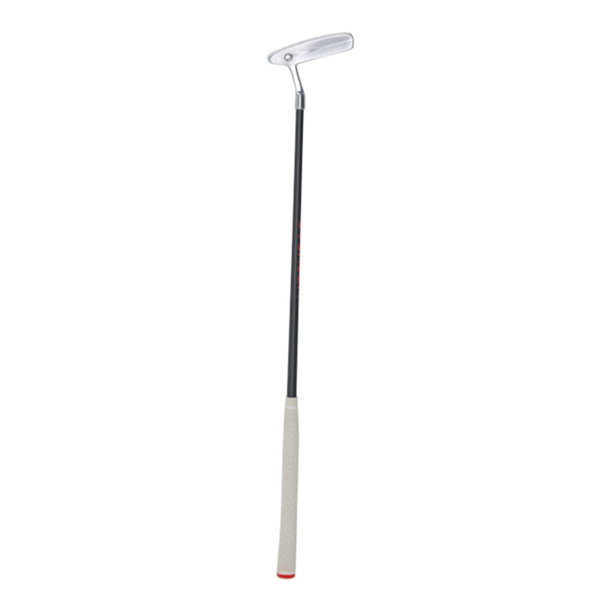 Golf putter with white head and black shaft on a white background