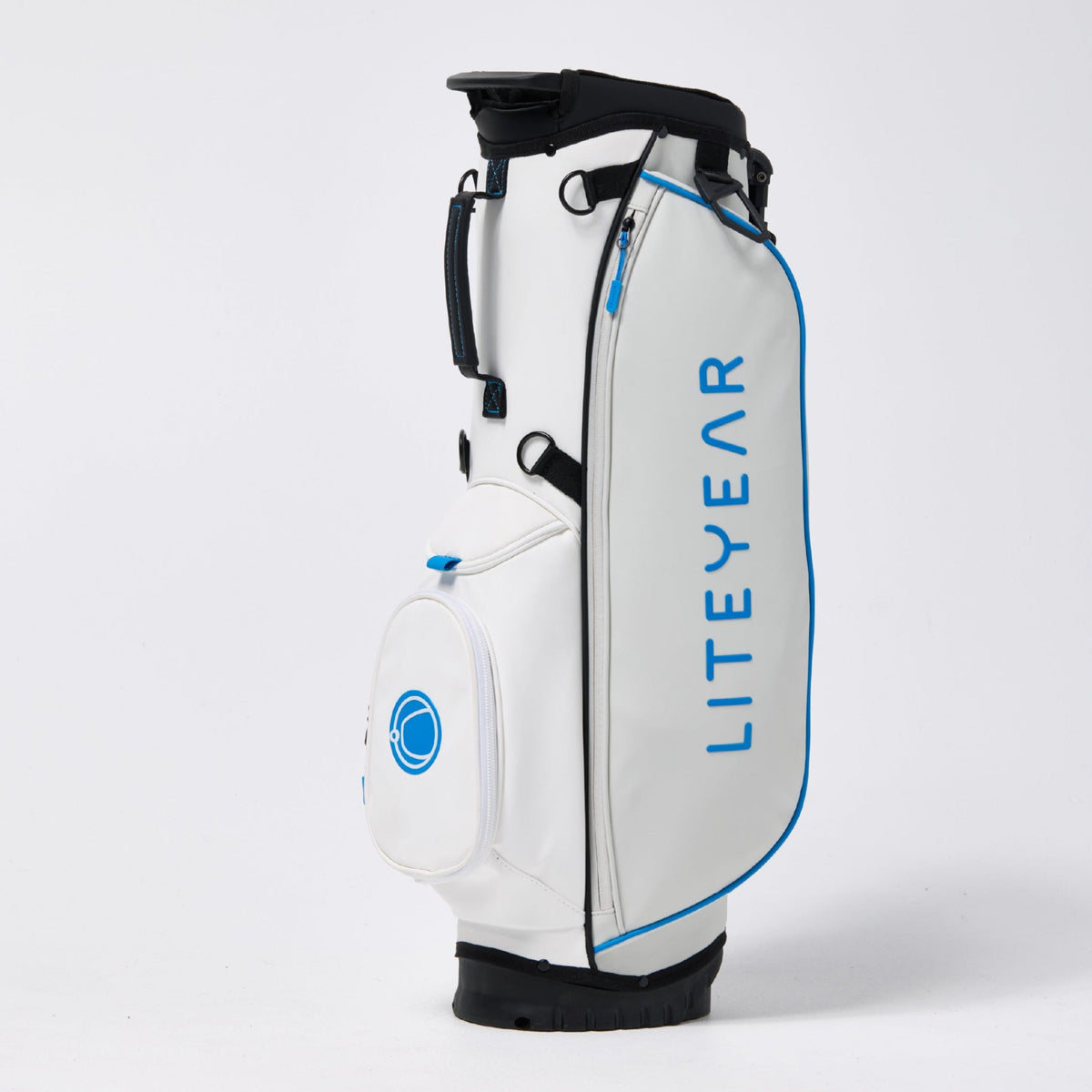 White/Blue golf bag with 'LITEYEAR' branding on a light gray background