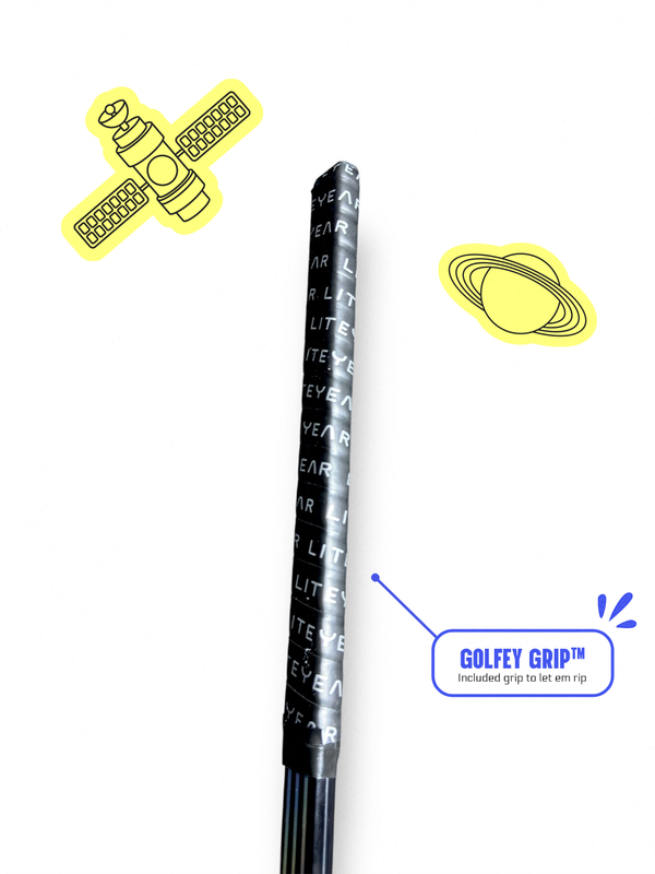 Golf club with text and graphics on a white background