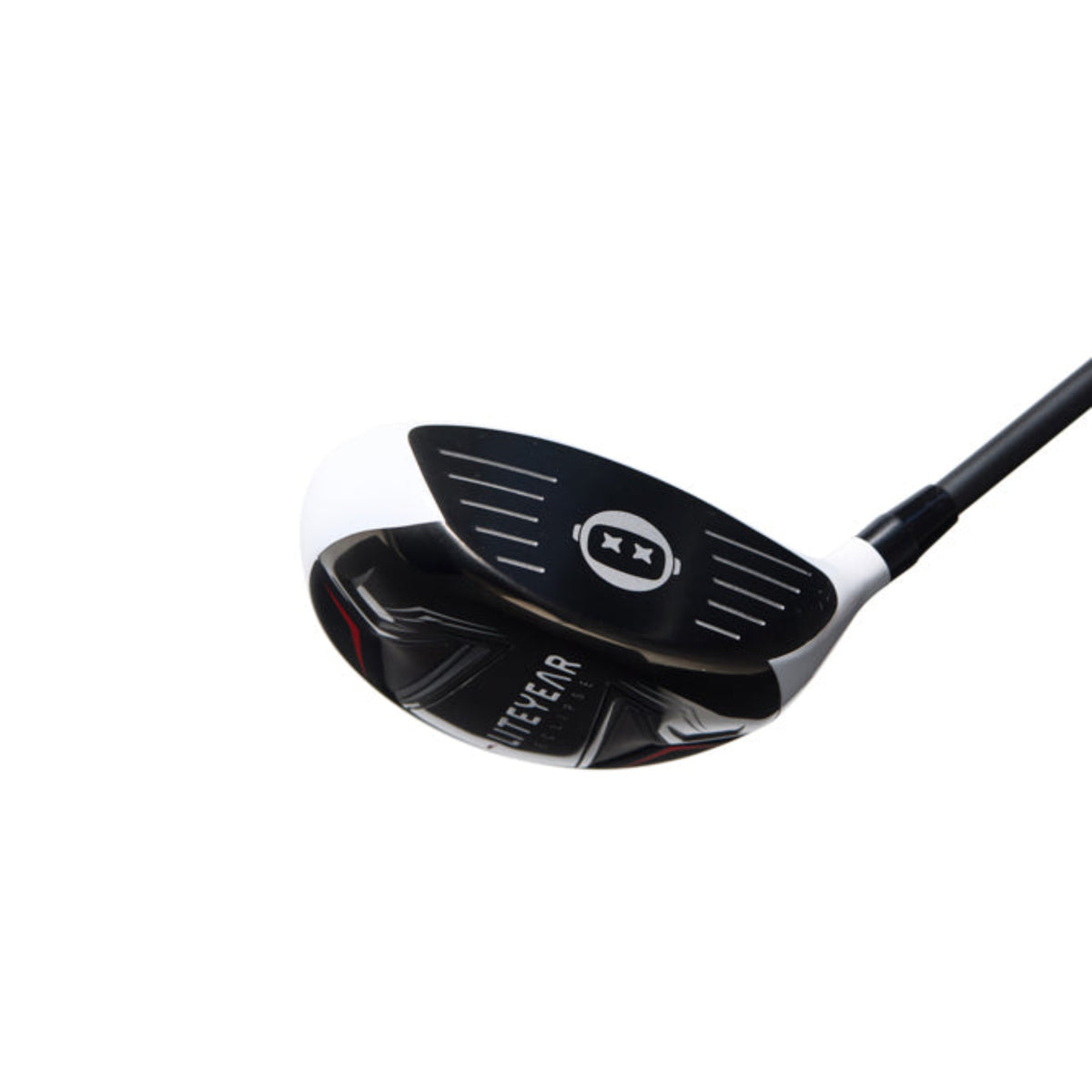 Black golf club head on a white background