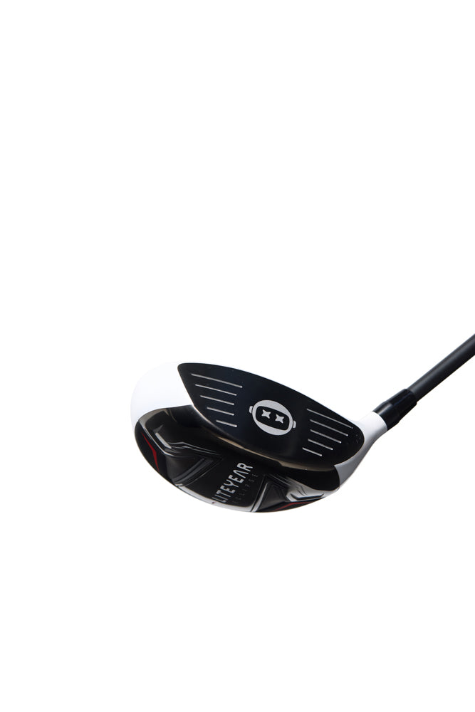 Black golf club head on a white background
