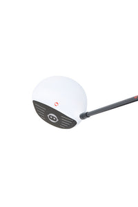 Golf club head with white face and black sole on a white background