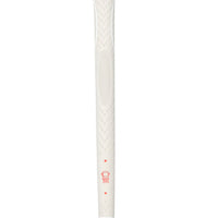 Golf club grip with white and red design on a white background