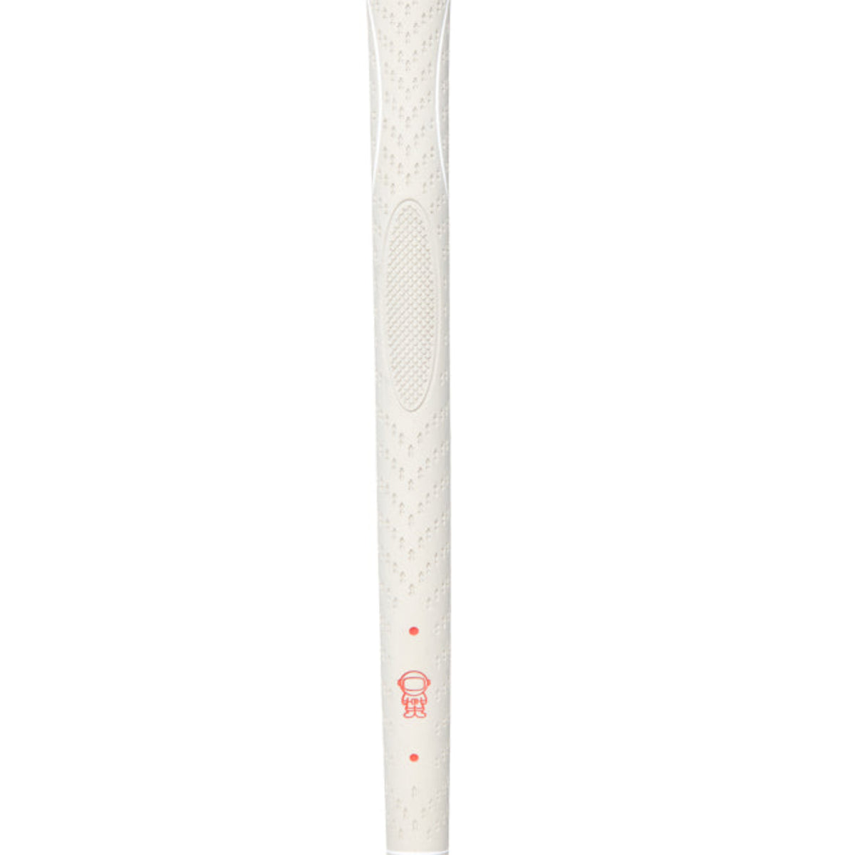 Golf club grip with white and red design on a white background