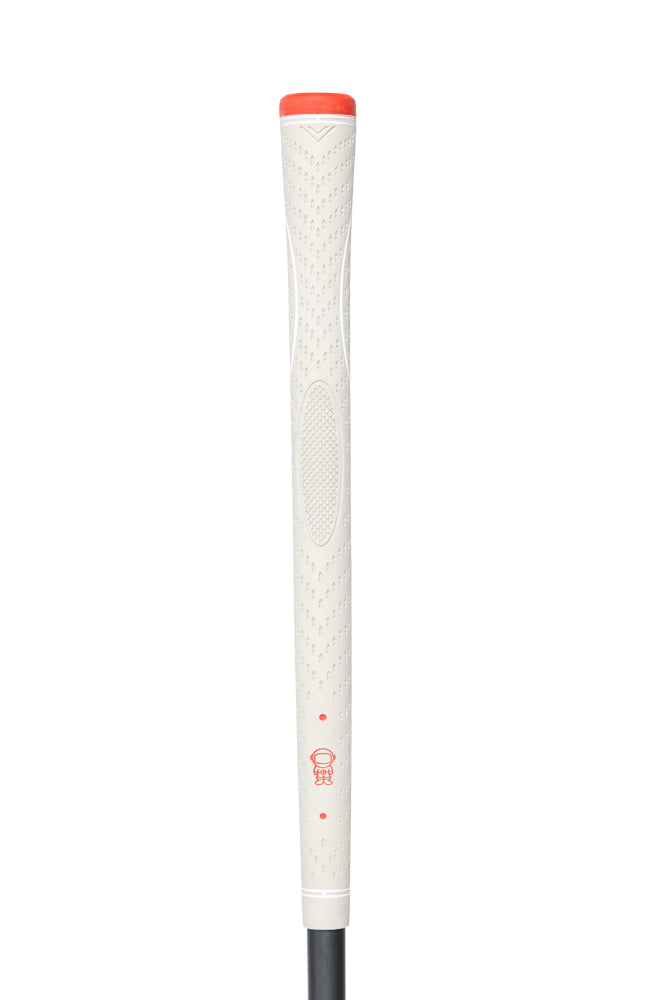 Golf club grip with white and red design on a white background