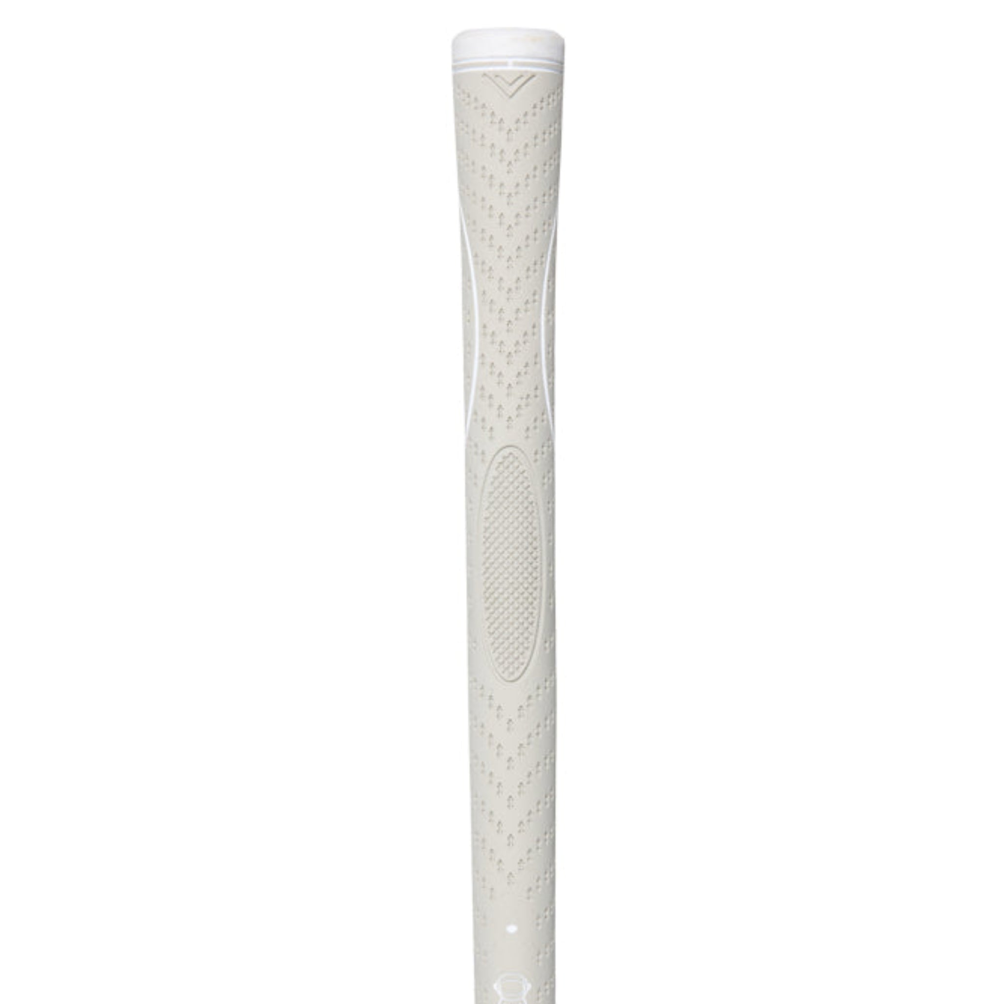 Golf club grip with textured white surface on a white background