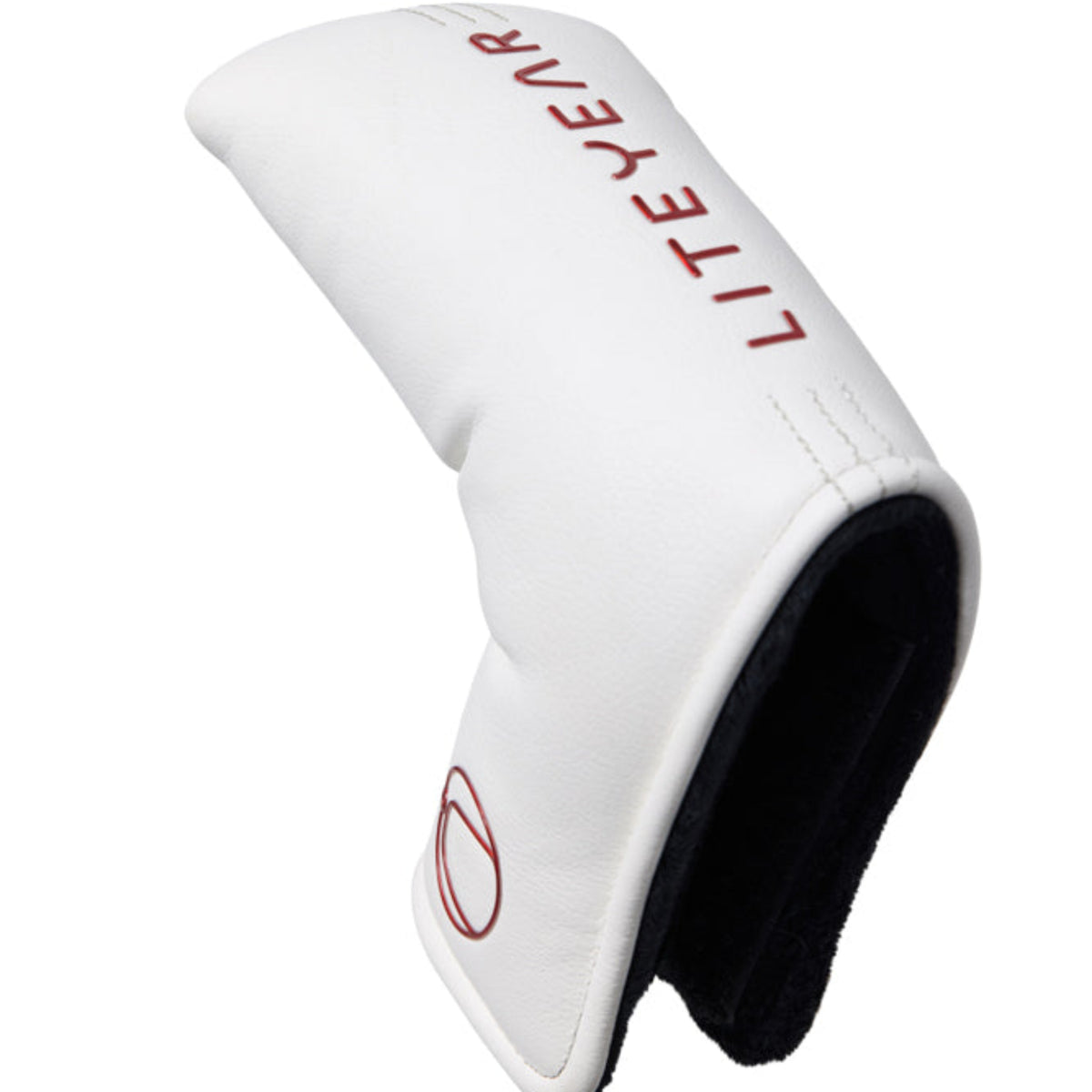 White golf club head cover with red text on a white background