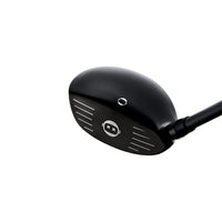 Black golf club head on a white background