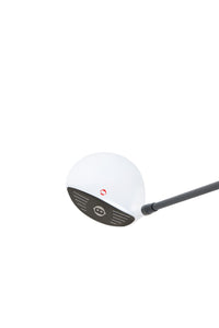 Golf club head with white face and black shaft on a white background