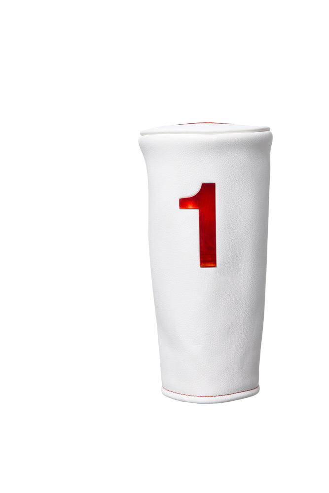 White golf head cover with a red number '1' on a white background