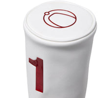 White golf head cover container with red logo and number on a white background