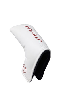 White golf club head cover with red text on a white background