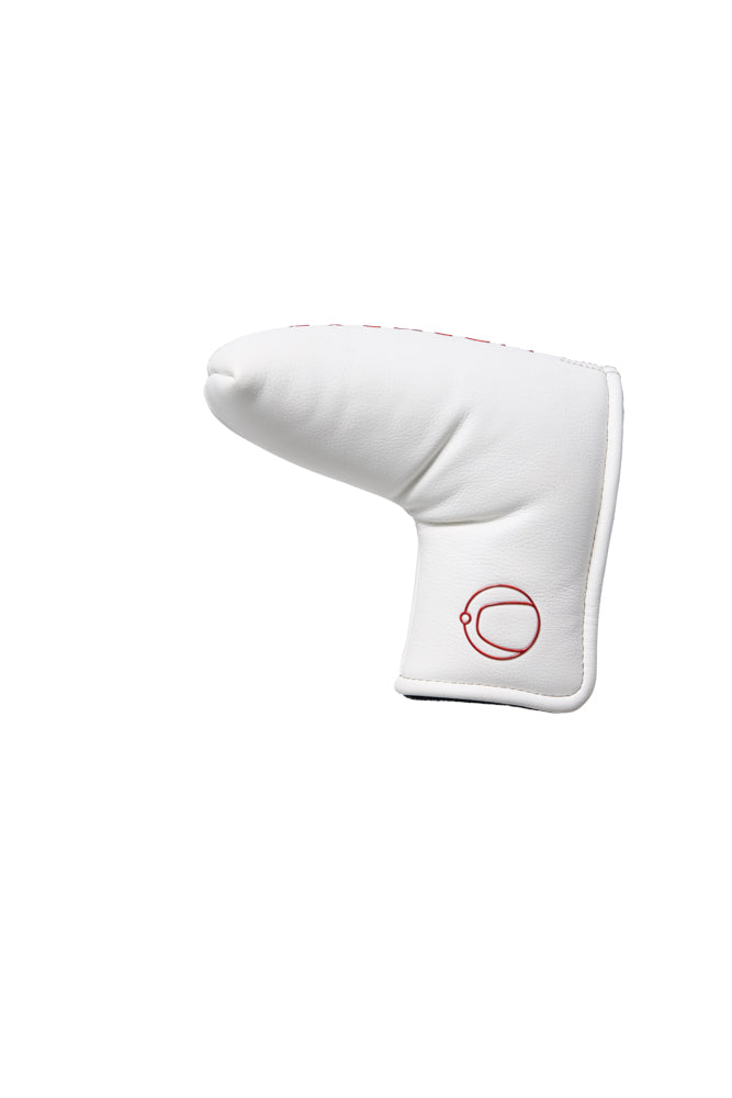 White golf club head cover with a red logo on a white background