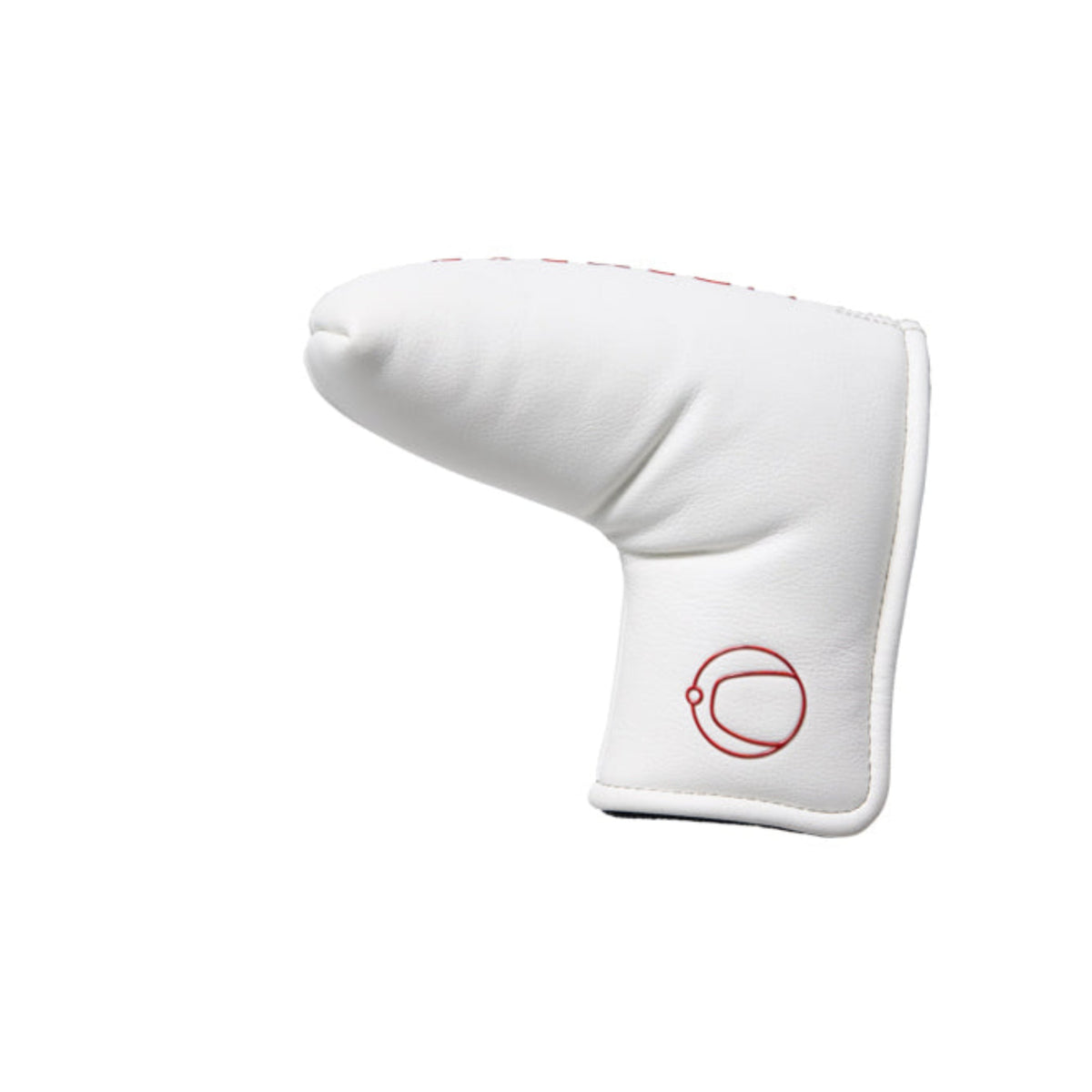 White golf club head cover with a red logo on a white background