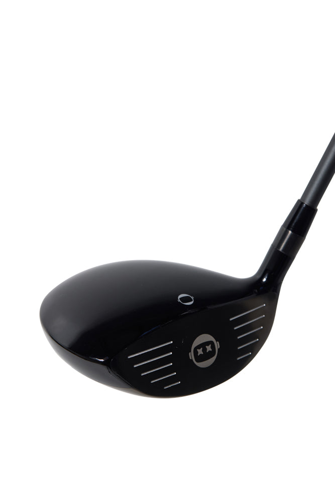 Black golf club head on a white background