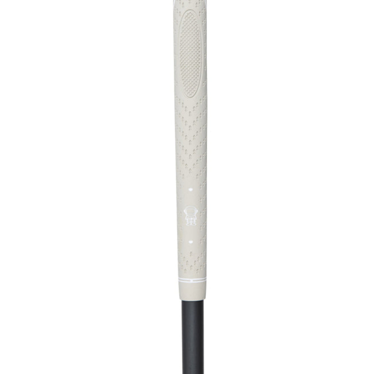 Golf club grip with textured white surface on a white background
