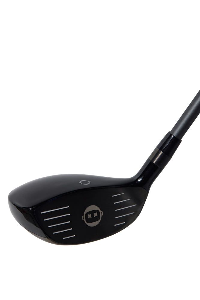 Black golf club head on a white background