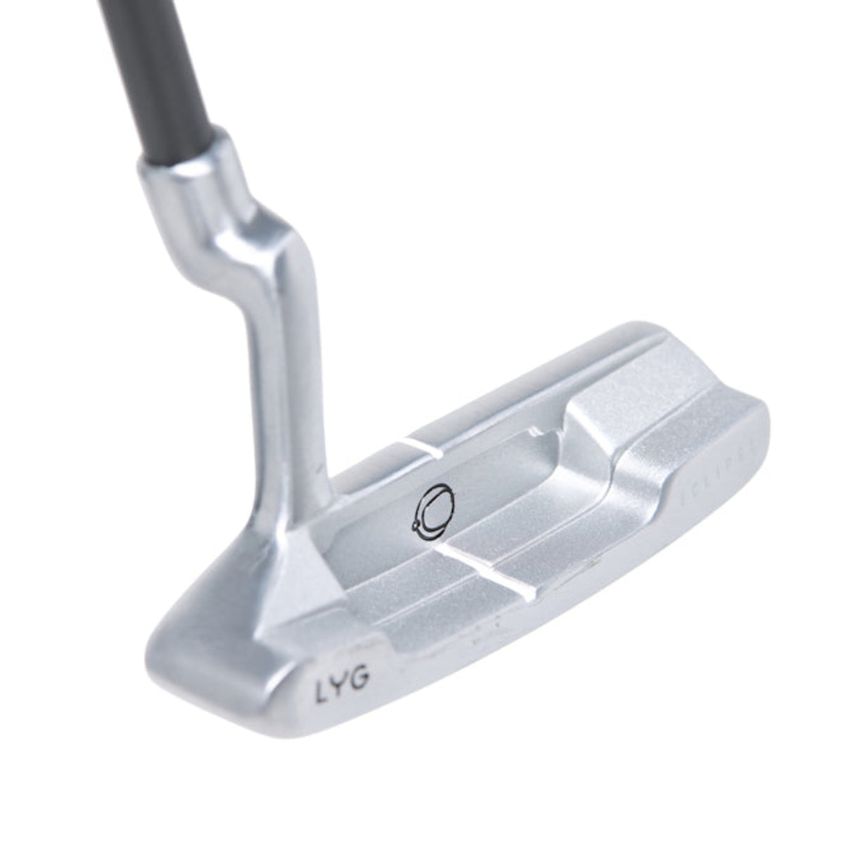 Golf putter with a silver head and black shaft on a white background
