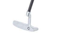 Golf putter with a white face on a white background