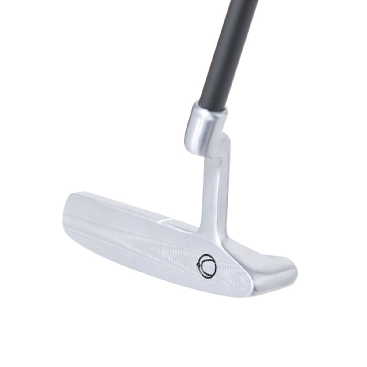 Golf putter with a white face on a white background