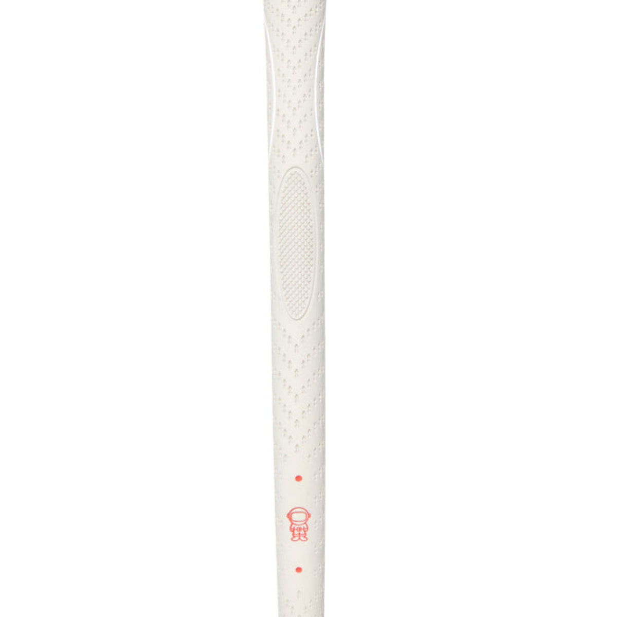 Golf club grip with white and red design on a white background