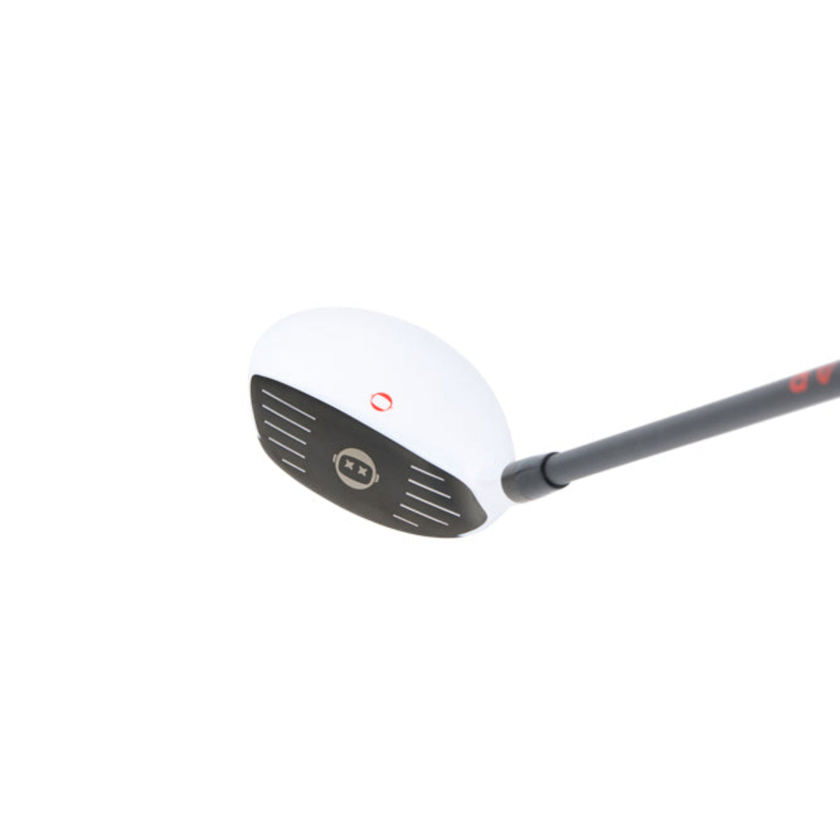 Golf club head with a white face and black shaft on a white background