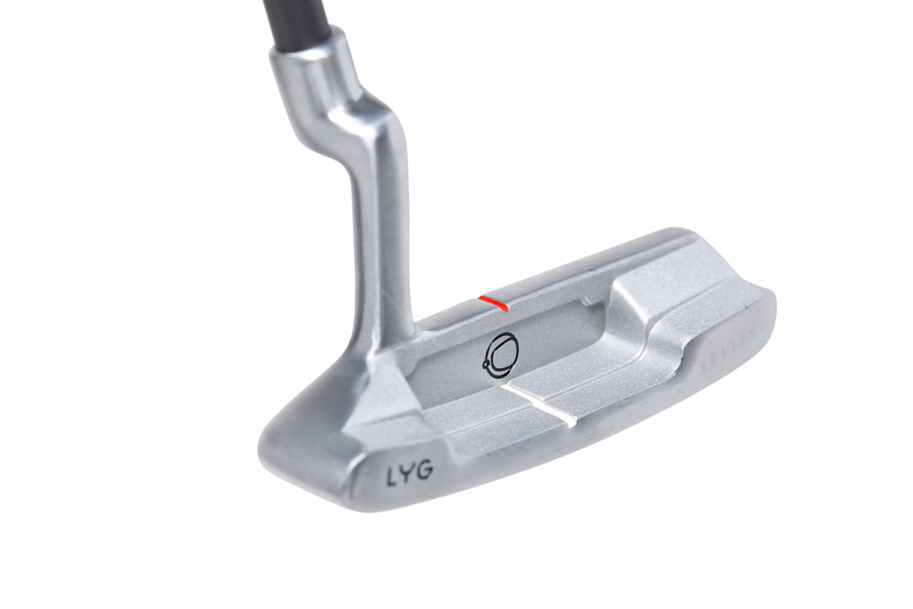 Golf putter with a silver head and black grip on a white background