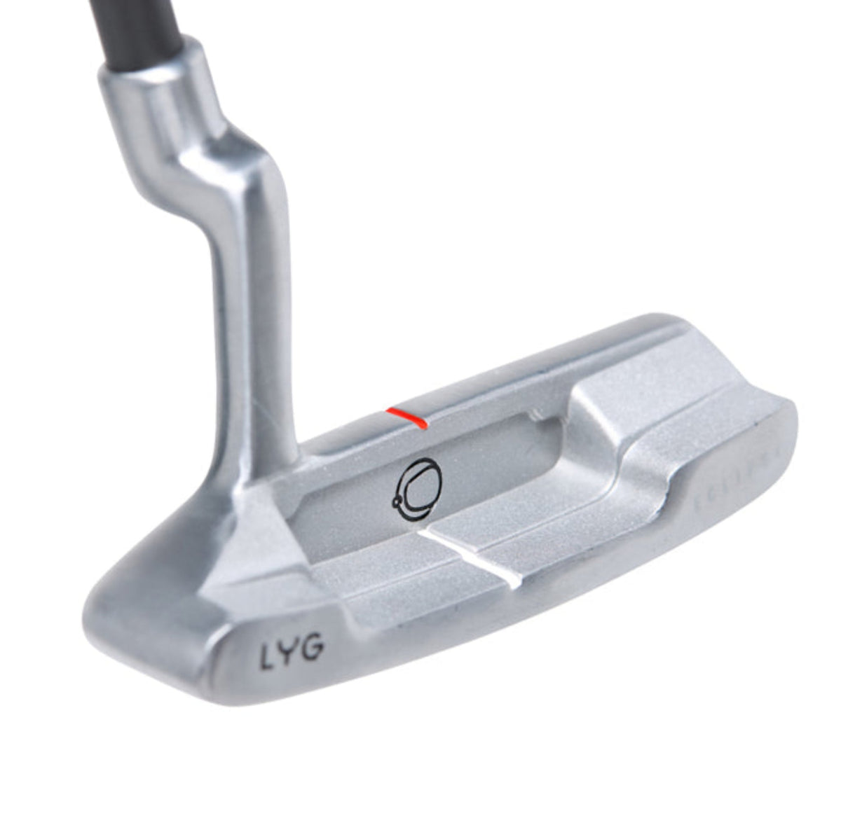Golf putter with a silver head and black grip on a white background