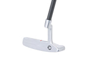Golf putter with a white face on a white background