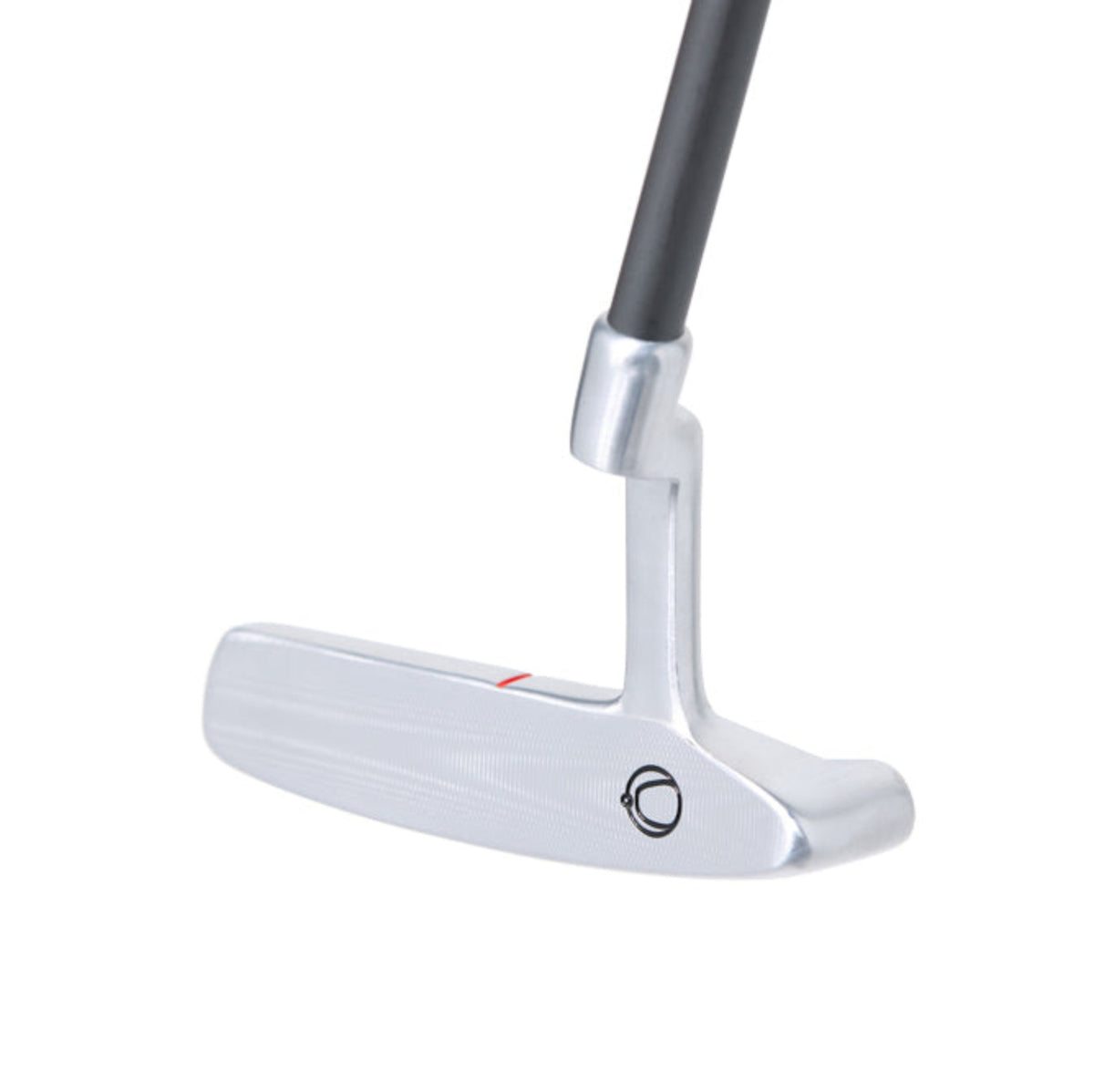 Golf putter with a white face on a white background